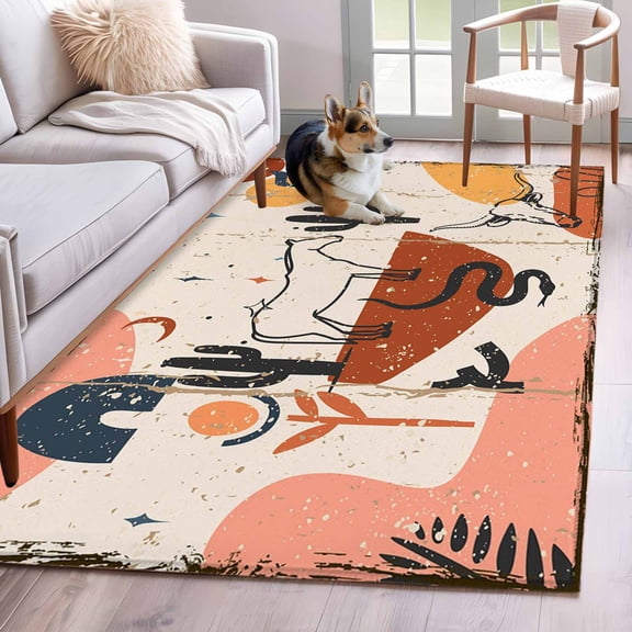 Area Rugs 2.7'x5', Western Boho Carpet for Living Room Bedroom Dining Room, Vintage Abstract Horse Cactus Plant Offwhite Throw Kitchen Rugs Non Slip Washable Rectangle Indoor Outdoor Rugs