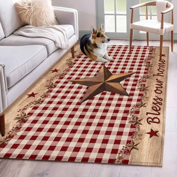 Area Rugs 2.7'x5', Western Texas Star Vintage Carpet for Living Room Bedroom Dining Room, Rustic Wreath Wood Red Plaid Throw Kitchen Rugs Non Slip Washable Rectangle Indoor Outdoor Rugs