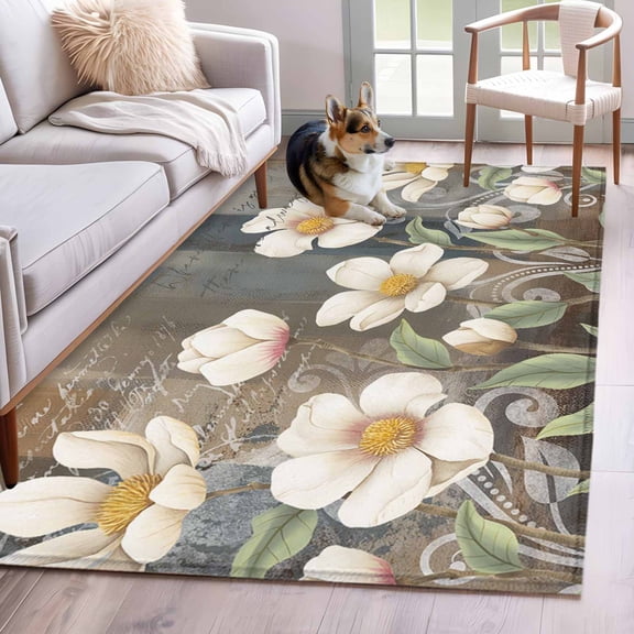 Area Rugs 2.7'x5', White Floral Carpet for Living Room Bedroom Dining Room, Spring Farmhouse Vintage Flower Leaf Plant Throw Kitchen Rugs Non Slip Washable Rectangle Indoor Outdoor Rugs