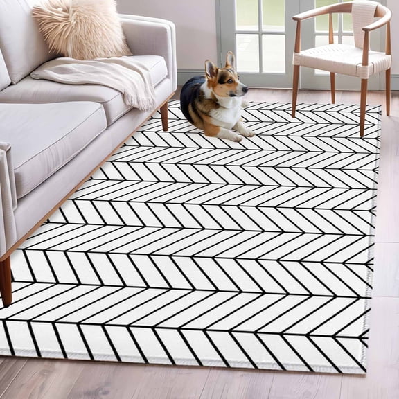 Area Rugs 2.7'x5', White Geometric Carpet for Living Room Bedroom Dining Room, Modern Minimalism Black Striped Lines Throw Kitchen Rugs Non Slip Washable Rectangle Indoor Outdoor Rugs