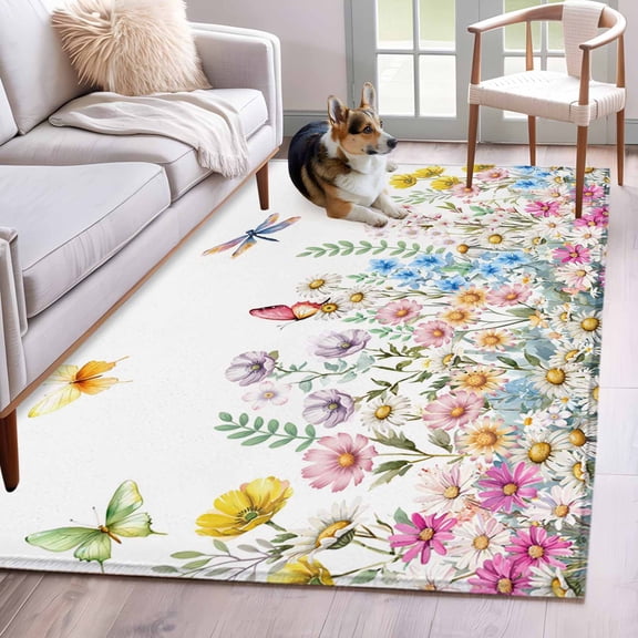 Area Rugs 2.7'x5', Wildflowers Carpet for Living Room Bedroom Dining Room, Farmhouse Country Dragonfly Butterfly Floral Throw Kitchen Rugs Non Slip Washable Rectangle Indoor Outdoor Rugs