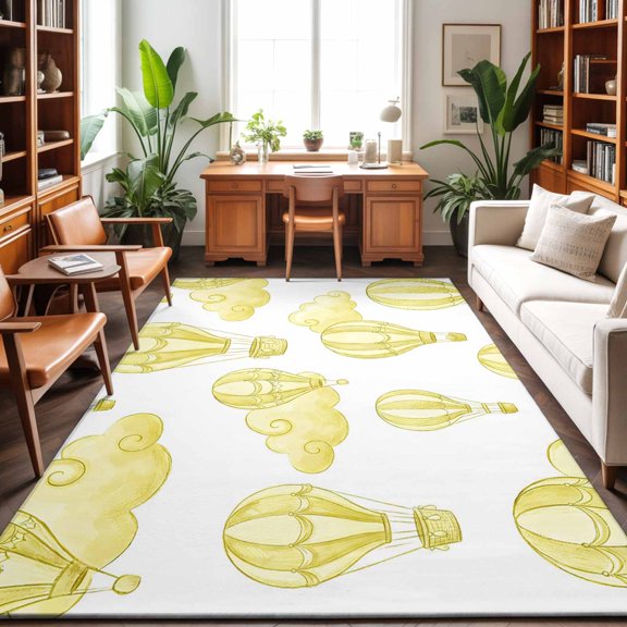 Area Rugs 2.7'x5', Yellow Hot Air Balloon Carpet Runner Indoor Outdoor Rugs Home Decor Aesthetic, Modern Balloon Float Clouds Non Slip Mats Washable Accent Rug for Living Room Bedroom