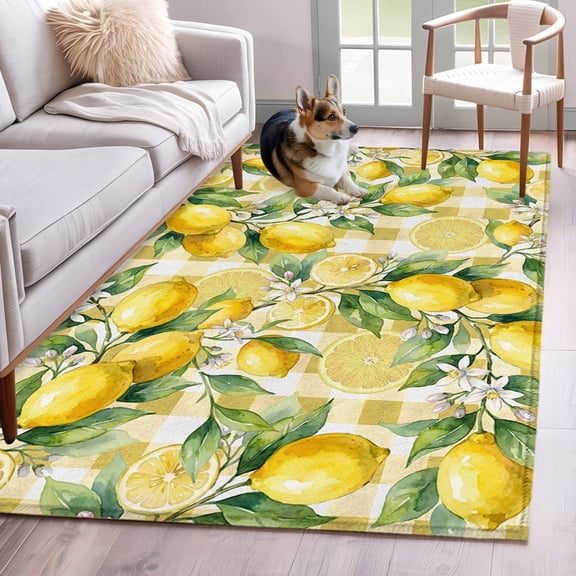 Area Rugs 2.7'x5', Yellow Lemons Carpet for Living Room Bedroom Dining Room, Summer Botanical Checkered Pastoral Throw Kitchen Rugs Non Slip Washable Rectangle Indoor Outdoor Rugs
