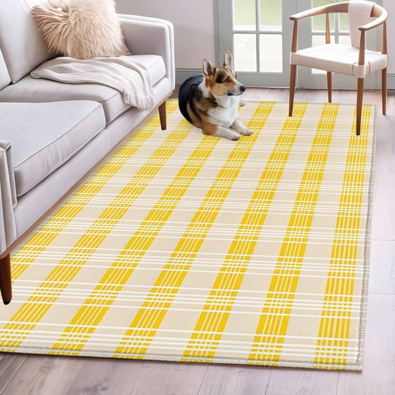 Area Rugs 2.7'x5', Yellow Plaid Striped Carpet for Living Room Bedroom Dining Room, Farmhouse Checkered Modern Abstract Art Throw Kitchen Rugs Non Slip Washable Rectangle Indoor Outdoor Rugs
