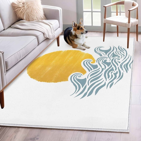 Area Rugs 2.7'x5', Yellow Sun Rise Carpet for Living Room Bedroom Dining Room, Ocean Waves Coastal Abstract Art Throw Kitchen Rugs Non Slip Washable Rectangle Indoor Outdoor Rugs