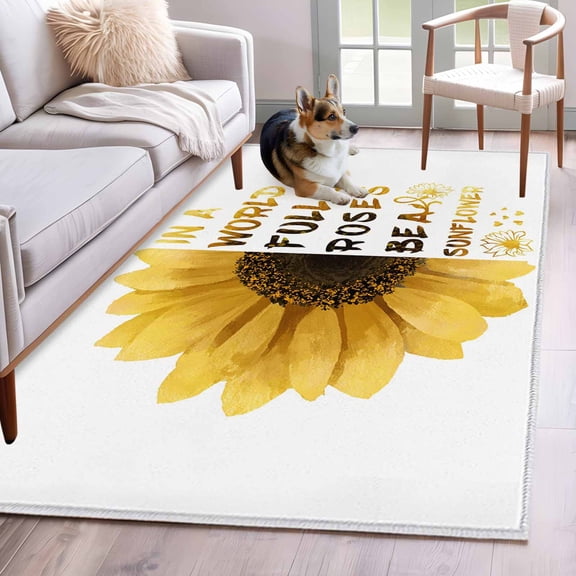 Area Rugs 2.7'x5', Yellow Sunflower Carpet for Living Room Bedroom Dining Room, Floral Rustic White Quotes Throw Kitchen Rugs Non Slip Washable Rectangle Indoor Outdoor Rugs