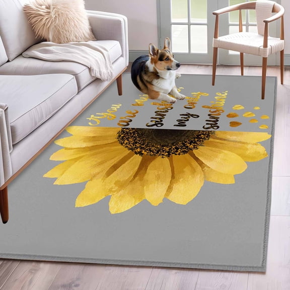 Area Rugs 2.7'x5', Yellow Sunflowers Carpet for Living Room Bedroom Dining Room, Floral You Are My Sunshine Grey Quotes Throw Kitchen Rugs Non Slip Washable Rectangle Indoor Outdoor Rugs