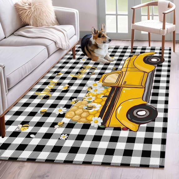 Area Rugs 2.7'x5', Yellow Truck Carpet for Living Room Bedroom Dining Room, Farmhouse Bee Daisy Black White Buffalo Plaid Throw Kitchen Rugs Non Slip Washable Rectangle Indoor Outdoor Rugs