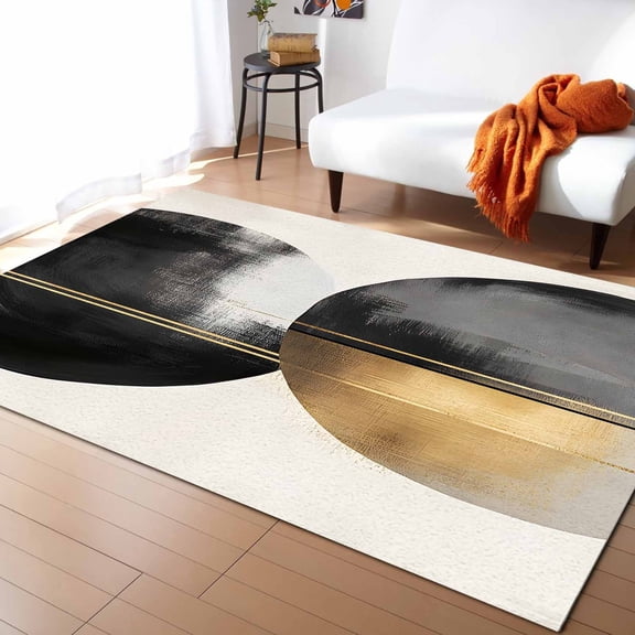Area Rugs 2.7x5 Ft Abstract Art Black Gold Circle Striped Geometric Minimalist Non-Slip Washable Rug Indoor Rug Floor Mats Non Shedding Carpet for Living Room Bedroom Dining Room Home Decor