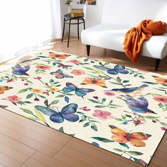 Area Rugs 2.7x5 Ft Blue Birds Butterfly Flowers Leaves Pattern Non-Slip Washable Rug Indoor Rug Floor Mats Non Shedding Carpet for Living Room Bedroom Dining Room Home Decor