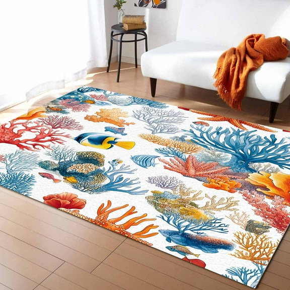 Area Rugs 2.7x5 Ft Colorful Coral Watercolor Fish Coastal Non-Slip Washable Rug Indoor Rug Floor Mats Non Shedding Carpet for Living Room Bedroom Dining Room Home Decor