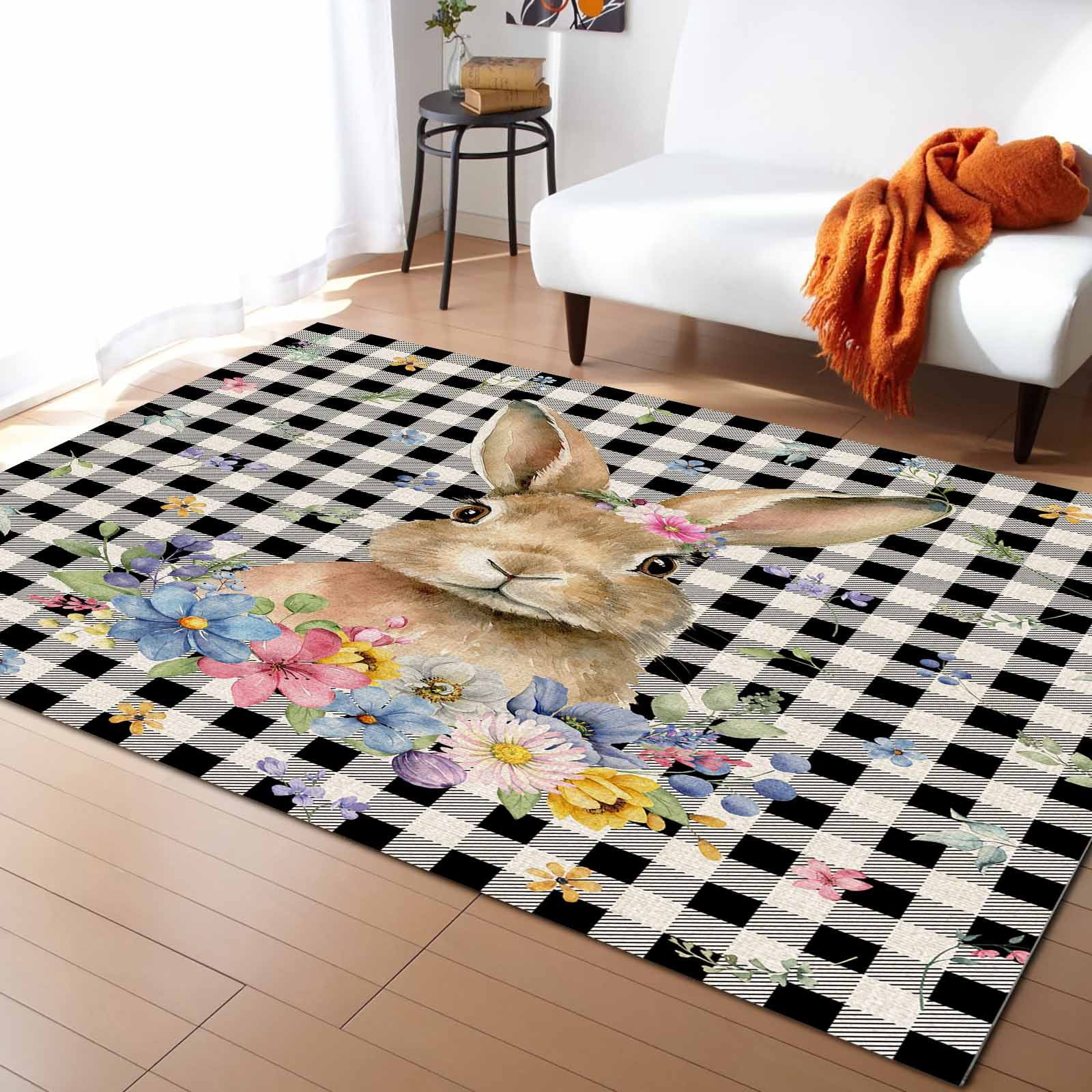 Area Rugs 2.7x5 Ft Easter Bunny Rabbit Spring Flowers Plants Sage Black ...