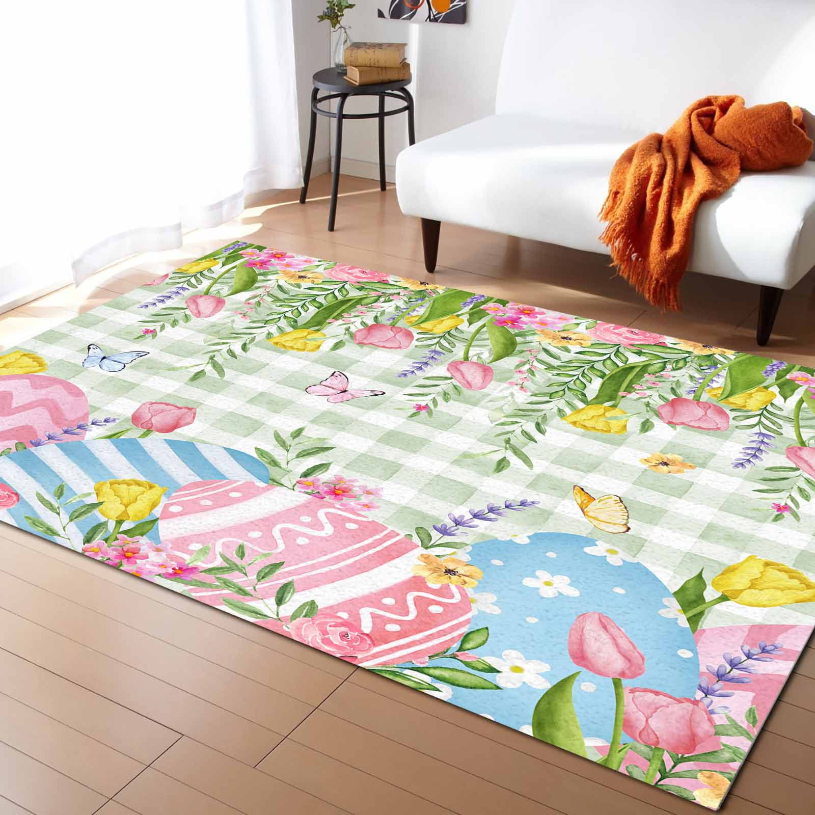 Easter Colors Rag Rug Area Rugs 2.7x5 Ft Easter Eggs Tulip Butterfly Colorful Floral Green ...