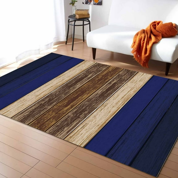 Area Rugs 2.7x5 Ft Navy Blue Gradient Brown Rustic Wood Grain Texture Non-Slip Washable Rug Indoor Rug Floor Mats Non Shedding Carpet for Living Room Bedroom Dining Room Home Decor