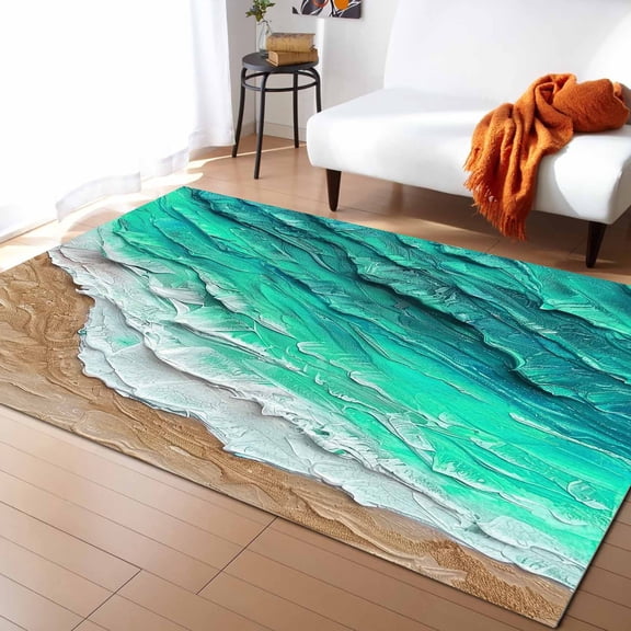 Area Rugs 2.7x5 Ft Ombre Teal Beach Wave Oil Painting Style Non-Slip Washable Rug Indoor Rug Floor Mats Non Shedding Carpet for Living Room Bedroom Dining Room Home Decor