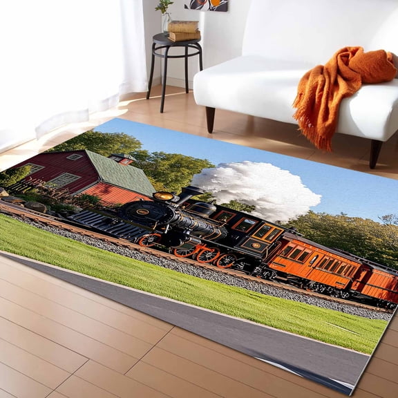 Area Rugs 2.7x5 Ft Retro Train Motor Vehicle Building Sky Grass Country Scenery Non-Slip Washable Rug Indoor Rug Floor Mats Non Shedding Carpet for Living Room Bedroom Dining Room Home Decor