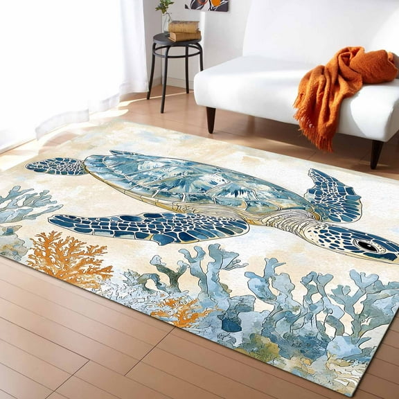 Area Rugs 2.7x5 Ft Sea Turtle Coral Ocean Blue Non-Slip Washable Rug Indoor Rug Floor Mats Non Shedding Carpet for Living Room Bedroom Dining Room Home Decor