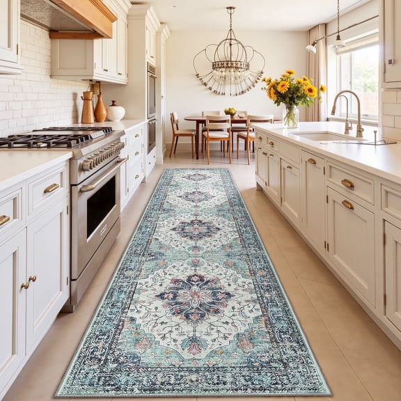 NewBuros Area Rugs 2'x10' Non-Slip Washable, Floral Vintage Distress Print Pattern Low Pile Soft Indoor Runner Rugs for Hallway Kitchen Bedroom, Teal Colorful