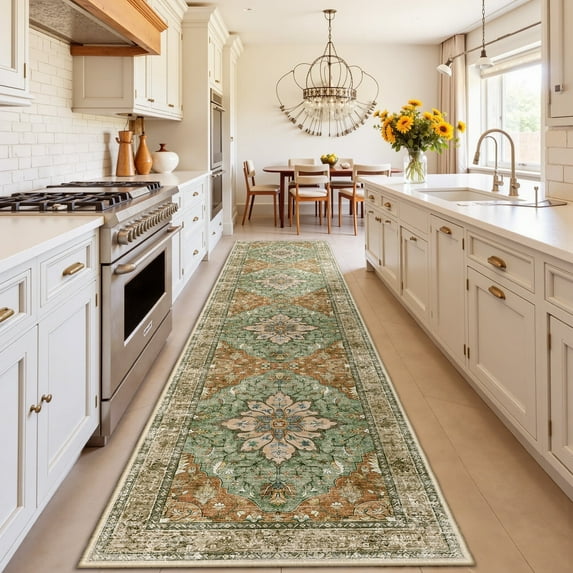 NewBuros Area Rugs 2'x10' Non-Slip Washable, Floral Vintage Distress Print Pattern Low Pile Soft Indoor Runner Rugs for Hallway Kitchen Bedroom, Brick Red Green