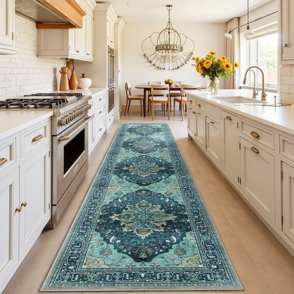 NewBuros Area Rugs 2'x10' Non-Slip Washable, Floral Vintage Distress Print Pattern Low Pile Soft Indoor Runner Rugs for Hallway Kitchen Bedroom, Teal Green