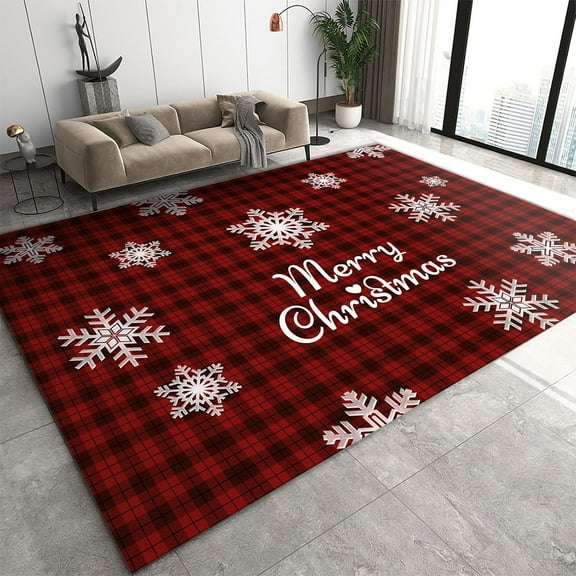 Area Rugs 2'x3', Merry Christmas Mat, White Falling Snow with Red Buffalo Check Holiday Season Classic Art Printed Non Slip Rug, Foldable Breathable Non Slip Rug for Kids Room Decor Mats
