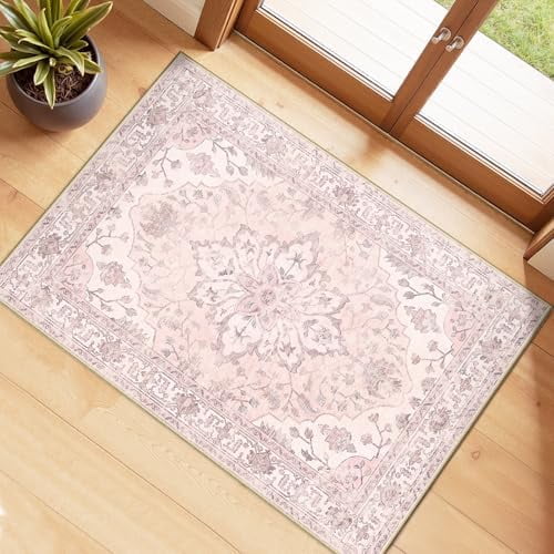 Area Rugs 2'x3' Washable Non-Slip, Floral Vintage Distress Print Pattern Medallion Carpet for Living Room Bedroom Dining Room, Pink Greypink Cute