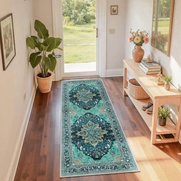 Area Rugs 2'x6' Washable Non-Slip, Floral Vintage Distress Print Pattern Medallion Carpet for Living Room Bedroom Dining Room, Teal Green Lake Blue Turquoise