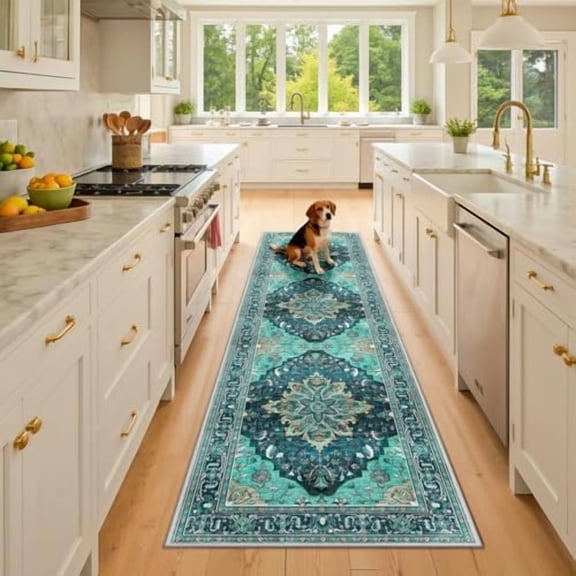 Area Rugs 2'x8' Runner Rug Non Slip Washable for Kitchen Hallway Bedroom Beside Laundry Room Bathroom Rug, Floor Carpet, Teal Green Lake Blue Turquoise