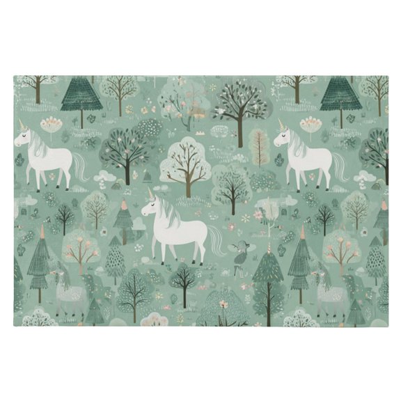 Area Rugs 23.62"x35.43" Soft Non-Slip Door Mat Machine Washable Entryway Rug for Bedroom Kitchen Mint Green Unicorns and Trees