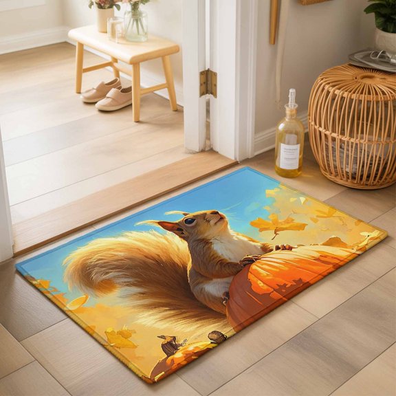 Area Rugs 2x3,Autumn Squirrel Thanksgiving Pumpkin Non Slip Washable Rug Indoor Carpet Soft Floor Rugs for Home Living Room Bedroom Dining Room Office
