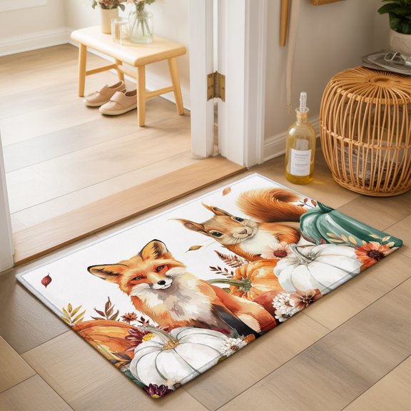 Area Rugs 2x3,Fox Squirrel Thanksgiving Pumpkin Non Slip Washable Rug Indoor Carpet Soft Floor Rugs for Home Living Room Bedroom Dining Room Office