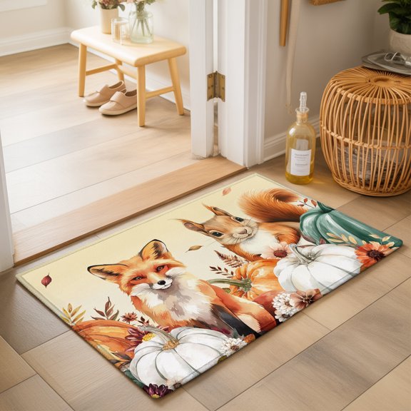 Area Rugs 2x3,Fox Squirrel Thanksgiving Pumpkin Non Slip Washable Rug Indoor Carpet Soft Floor Rugs for Home Living Room Bedroom Dining Room Office
