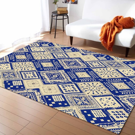 Area Rugs 2x3 Ft Boho Blue Watercolor Flower Rhombus Polka Dot Non-Slip Washable Rug Indoor Rug Floor Mats Non Shedding Carpet for Living Room Bedroom Dining Room Home Decor