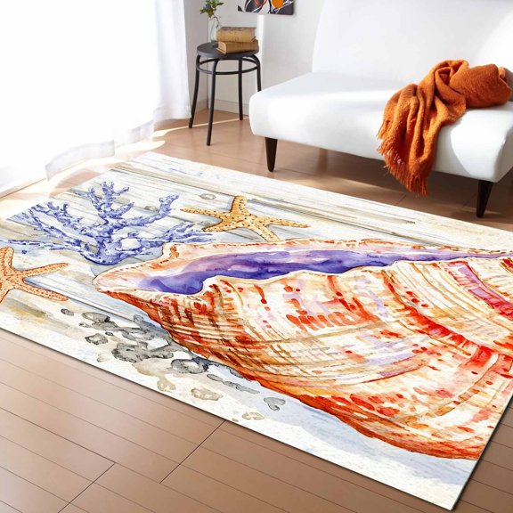 Area Rugs 2x3 Ft Conch Coral Ocean Algae Wood Grain Non-Slip Washable Rug Indoor Rug Floor Mats Non Shedding Carpet for Living Room Bedroom Dining Room Home Decor