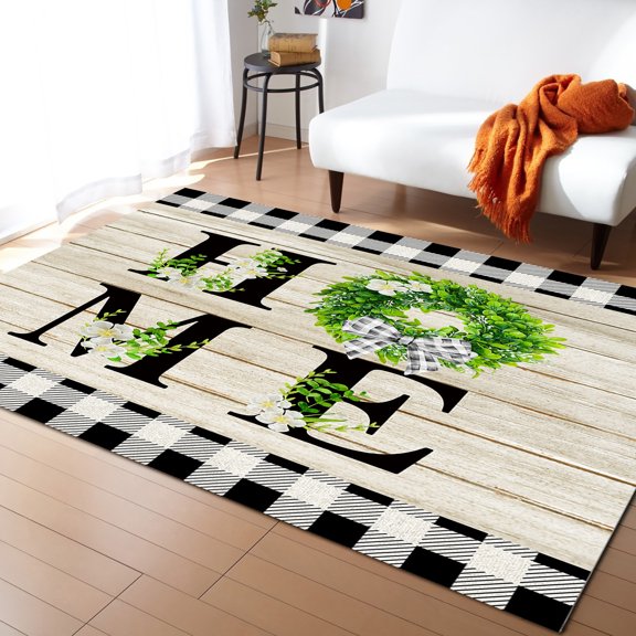 Area Rugs 2x3 Ft HOME Farmhouse Wreath Black White Plaid Wood Grain Non-Slip Washable Rug Indoor Rug Floor Mats Non Shedding Carpet for Living Room Bedroom Dining Room Home Decor