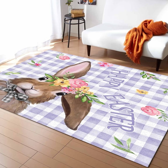 Area Rugs 2x3 Ft Happy Easter Bunny Rabbit Spring Flowers Purple Plaid Non-Slip Washable Rug Indoor Rug Floor Mats Non Shedding Carpet for Living Room Bedroom Dining Room Home Decor
