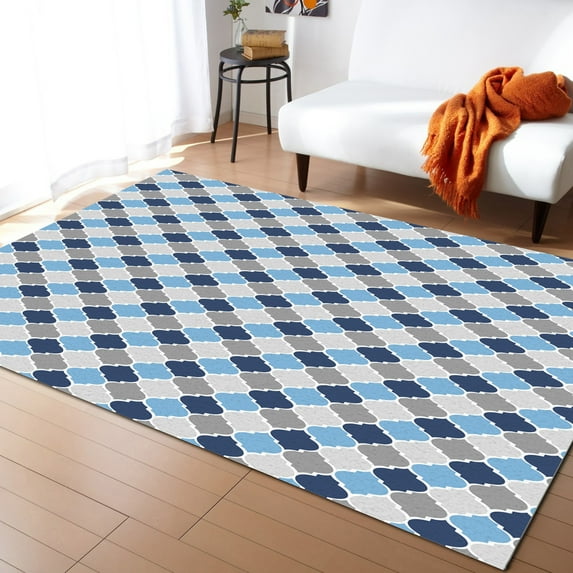Area Rugs 2x3 Ft Moroccan Geometric Blue Grid Non-Slip Washable Rug Indoor Rug Floor Mats Non Shedding Carpet for Living Room Bedroom Dining Room Home Decor