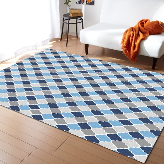 Area Rugs 2x3 Ft Moroccan Geometric Blue Grid Non-Slip Washable Rug Indoor Rug Floor Mats Non Shedding Carpet for Living Room Bedroom Dining Room Home Decor