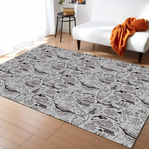 Area Rugs 2x3 Ft Ocean Shark Boat Black Line Grey Pattern Non-Slip Washable Rug Indoor Rug Floor Mats Non Shedding Carpet for Living Room Bedroom Dining Room Home Decor