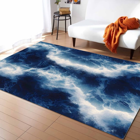 Area Rugs 2x3 Ft Ocean Waves Dark Blue Modern Non-Slip Washable Rug Indoor Rug Floor Mats Non Shedding Carpet for Living Room Bedroom Dining Room Home Decor