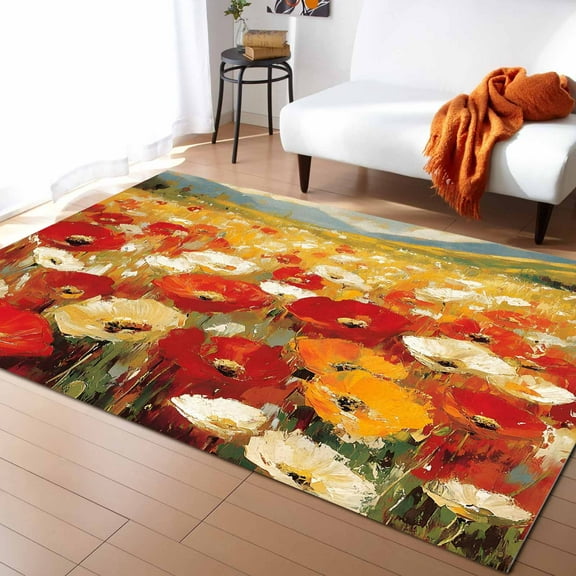 Area Rugs 2x3 Ft Retro Floral Red White Poppy Flower Field Country Oil Painting Non-Slip Washable Rug Indoor Rug Floor Mats Non Shedding Carpet for Living Room Bedroom Dining Room Home Decor