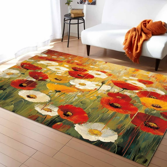 Area Rugs 2x3 Ft Retro Floral Red White Yellow Poppy Flowers Oil Painting Non-Slip Washable Rug Indoor Rug Floor Mats Non Shedding Carpet for Living Room Bedroom Dining Room Home Decor