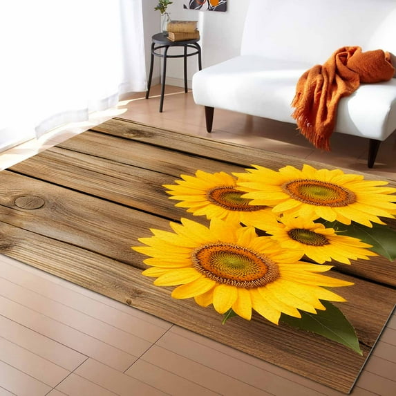 Area Rugs 2x3 Ft Rustic Sunflowers Wood Grain Texture Vintage Pastoral Non-Slip Washable Rug Indoor Rug Floor Mats Non Shedding Carpet for Living Room Bedroom Dining Room Home Decor