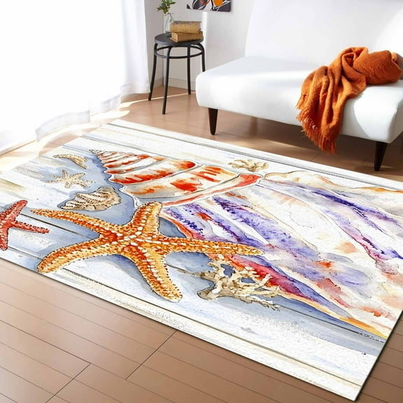 Area Rugs 2x3 Ft Shell Coral Starfish Algae Wood Grain Non-Slip Washable Rug Indoor Rug Floor Mats Non Shedding Carpet for Living Room Bedroom Dining Room Home Decor