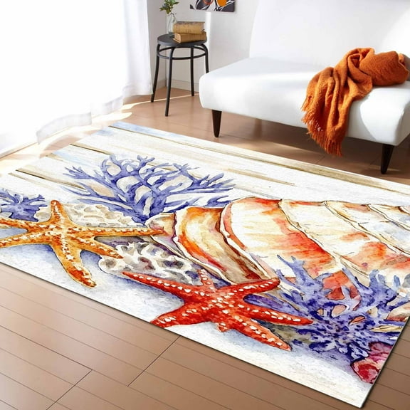 Area Rugs 2x3 Ft Shell Starfish Algae Ocean Retro Wood Grain Non-Slip Washable Rug Indoor Rug Floor Mats Non Shedding Carpet for Living Room Bedroom Dining Room Home Decor