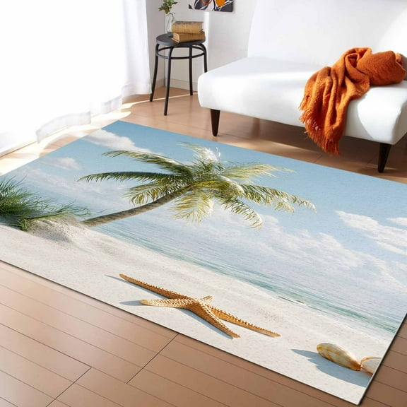 Area Rugs 2x3 Ft Summer Beach Seaside Palm Tree Sky Cloud Shore Starfish Non-Slip Washable Rug Indoor Rug Floor Mats Non Shedding Carpet for Living Room Bedroom Dining Room Home Decor