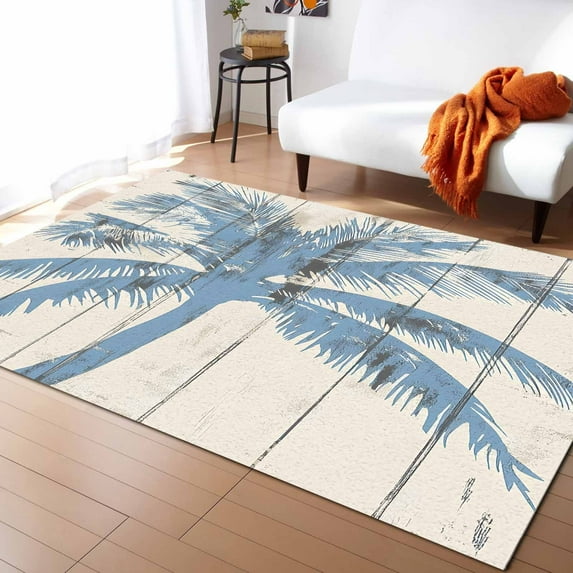Area Rugs 2x3 Ft Summer Palm Tree Beach Tropical Retro Blue Beige Wood Grain Non-Slip Washable Rug Indoor Rug Floor Mats Non Shedding Carpet for Living Room Bedroom Dining Room Home Decor