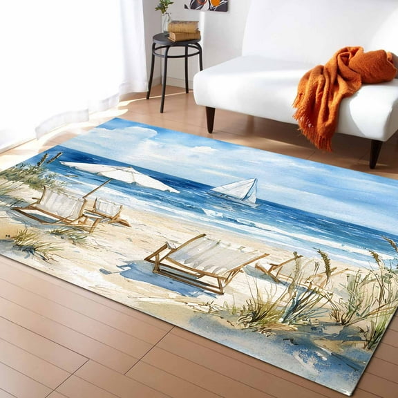 Area Rugs 2x3 Ft Summer Scenery Watercolor Beach Chair Ship Ocean Non-Slip Washable Rug Indoor Rug Floor Mats Non Shedding Carpet for Living Room Bedroom Dining Room Home Decor