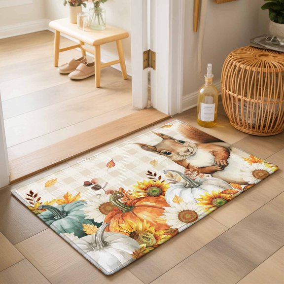Area Rugs 2x3,Squirrel Fall Thanksgiving Pumpkin Non Slip Washable Rug Indoor Carpet Soft Floor Rugs for Home Living Room Bedroom Dining Room Office