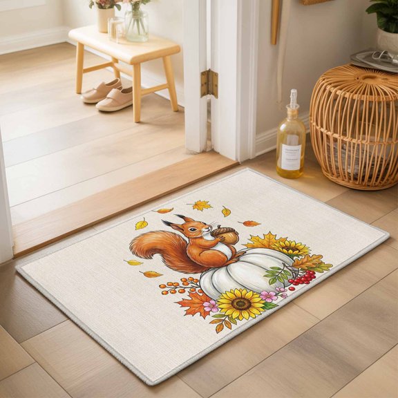 Area Rugs 2x3,Thanksgiving White Pumpkin Squirrel Non Slip Washable Rug Indoor Carpet Soft Floor Rugs for Home Living Room Bedroom Dining Room Office